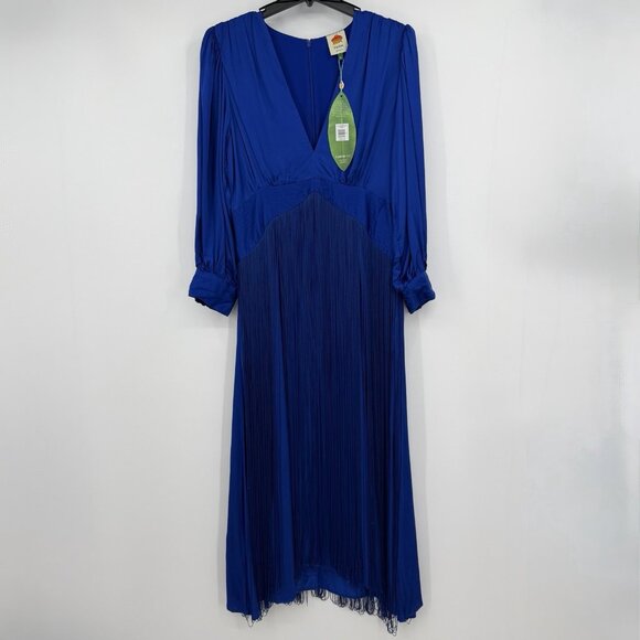FARM Rio Blue Fringe Long Sleeve Maxi Dress Size XL Cocktail Party Semi Formal - Picture 3 of 16